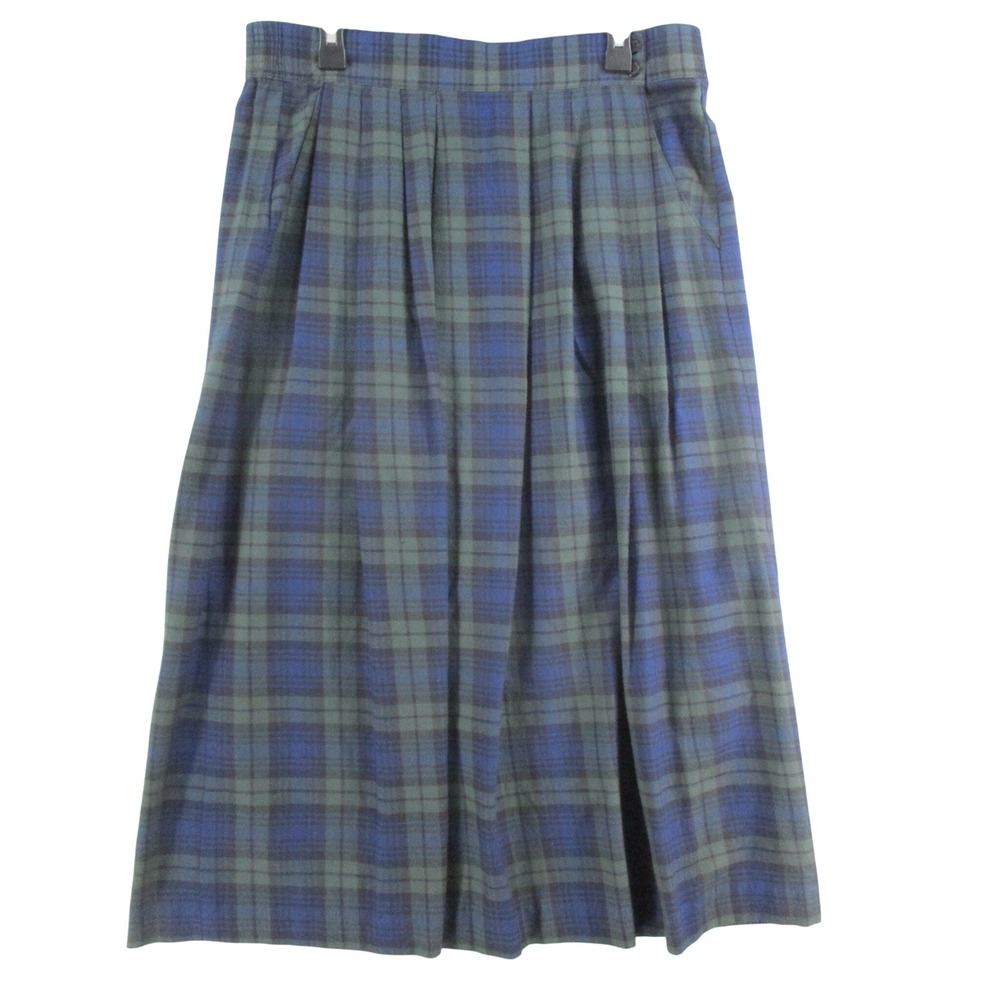 BellePointe Vintage Plaid Pleated Midi Skirt Black Watch Blue Green Pockets S